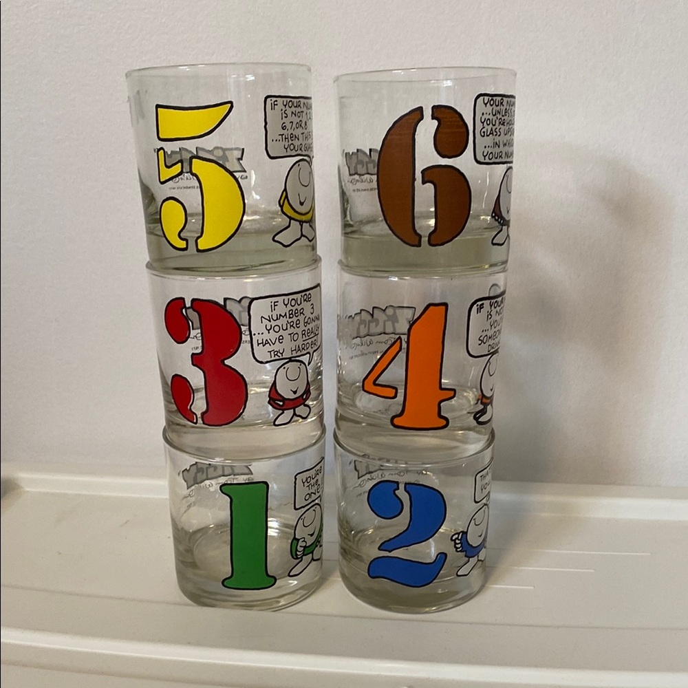 Vintage Ziggy Glass Printed Number Set 1 2 3 4 5 6  Lowball Drinking 1977